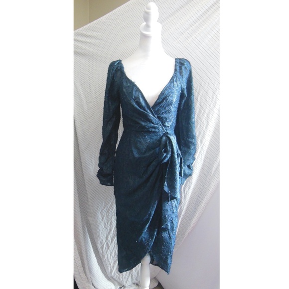 NEW ASTR Label NAVY Terese METALLIC Floral LONG SLEEVE Cocktail MIDI DRESS XS - Picture 8 of 16